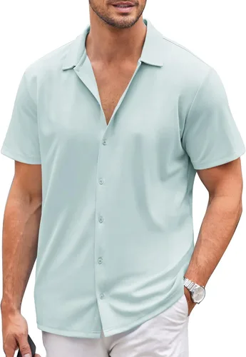 Vista 17 de COOFANDY Camisa casual con botones para hombre, manga corta, sin arrugas, camisa de verano Negro