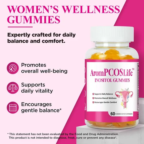 Vista 8 de AromPCOSLife - Gomitas de inositol para mujer, 60 unidades, suplemento de mio-inositol con folato y vitaminas B6 y B12, apoya el bienestar diario