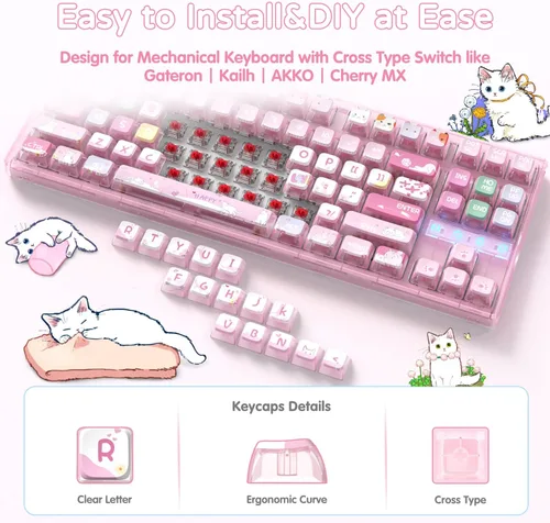 Vista 4 de Juego de teclas PBT de 120 teclas con perfil ASA con capa de PC translúcida Rosa