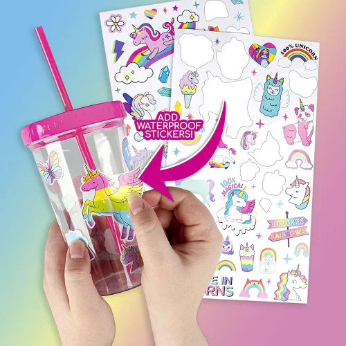 Vista 2 de Fashion Angels Kit de diseño de vaso de unicornio arcoíris, 2 hojas de calcomanías rellenas con 100 calcomanías impermeables para decorar 1 vaso