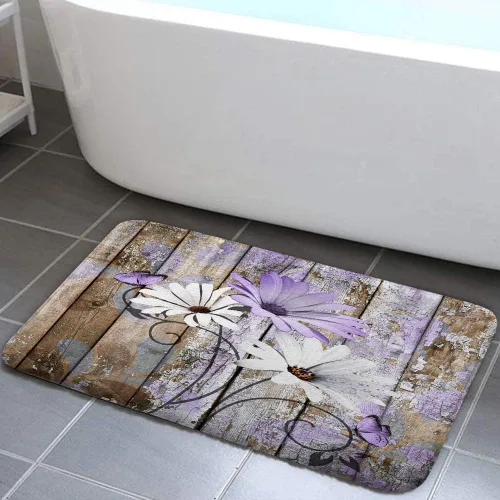 Vista 28 de JAWO Alfombra de baño con flores de granja, dalia en tablones de madera rústica, juego de tapetes de baño con flores azules, en forma de U