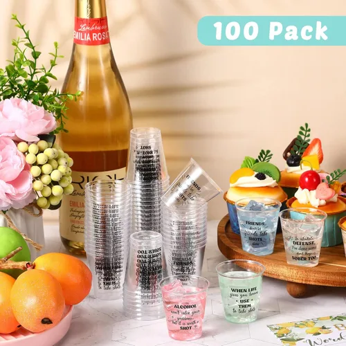 Vista 4 de Amyhill 100 vasos de chupito de plástico transparente de 2 onzas, mini vasos desechables, divertidos vasos de chupito para adultos, amigos, fiesta