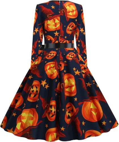 Vista 5 de Vestido de Halloween para mujer 2022, vestido vintage sexy con cuello en V, manga larga, vestido con vuelo