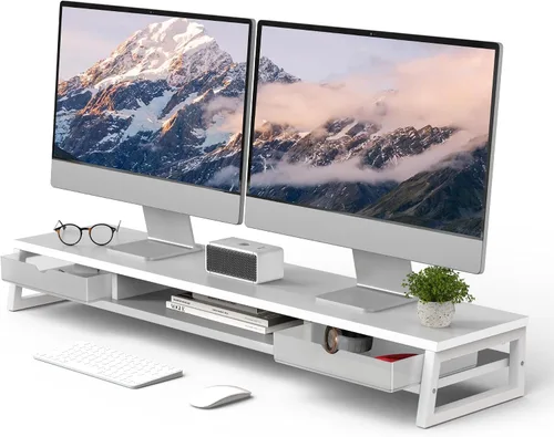 Vista 11 de Fenge Soporte de monitor doble, elevador de monitor con cajón, soporte de monitor de computadora grande de 42.5 pulgadas para 2 monitores, estante