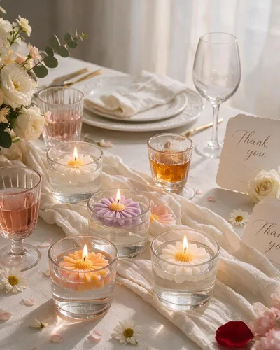 Vista 7 de Velas de colores flotantes de manzanilla, velas grandes perfumadas románticas de 2 pulgadas para jarrones cilíndricos, centros de mesa en bodas