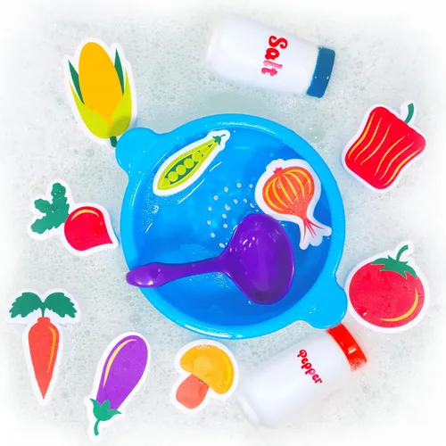 Vista 7 de Tub Works® Tub Soup™ Scoop, Strain & Play - Juguete de baño para niños pequeños Vegetales de espuma flotantes, cucharón para recoger y sopa