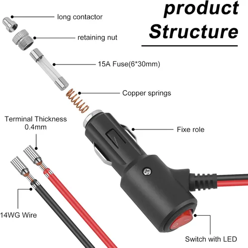 Vista 2 de Enchufe de encendedor de cigarrillos con interruptor Cable de extensión 12-24V enchufe universal con cable de 30 cm 15A para conexión