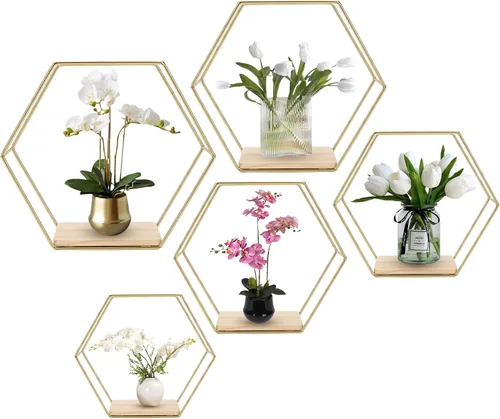 Vista 9 de Estantes flotantes hexagonales montados en la pared, juego de 3 en diferentes tamaños, estante de pared de metal moderno, estantes de almacenamiento