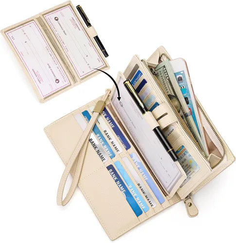 Vista 6 de SENDEFN Carteras de mujer de gran capacidad con bloqueo RFID, carteras de cuero, organizador de tarjetas de crédito con porta cheques, Compacto