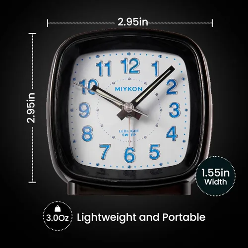 Vista 8 de Miykon Reloj despertador analógico cuadrado pequeño – Silencioso sin tictac, funciona con pilas con luz LED y repetición – Escritorio, mesa, viaje