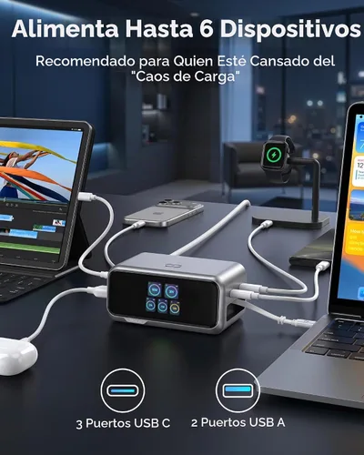 Vista 4 de MOKiN Estación de carga de escritorio, estación de carga USB C retráctil de 200 W y 6 puertos para múltiples dispositivos, accesorios de escritorio