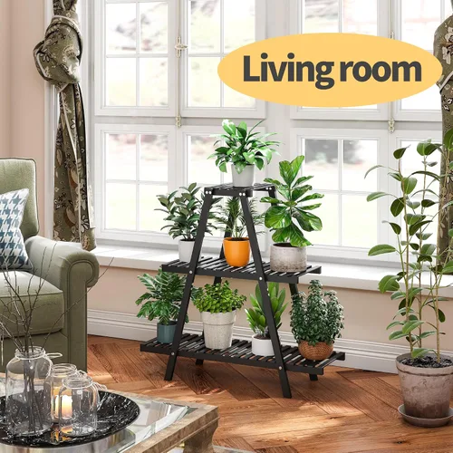 Vista 3 de Soporte de bambú para plantas interior/exterior, 3 niveles, negro, rectangular, 8 macetas para flores, estante para plantas