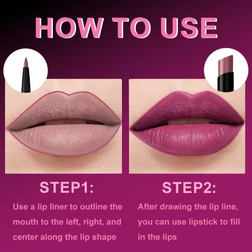 Vista 3 de AMY'S DIARY Juego de 2 lápices labiales y delineadores de labios rosa y morado, kit de delineador de labios y lápiz labial para mujeres, lápiz