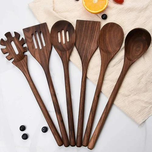 Vista 2 de Juego de 6 utensilios de cocina de madera, cucharas y espátula de mango largo de madera de nogal negro para cocinar, resistentes al calor