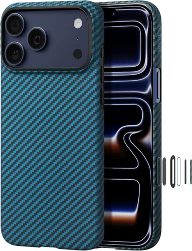Vista 35 de pitaka Funda para iPhone Pro de 6.3" con sensación sin funda, azul abismo Abyss Blue (Argyle)