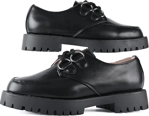 Vista 5 de KEIIYJ Womens Loafers Black Slip on Chunky Fashion Platform Shoes with Sliver D Ring Drawstring Comfortable Round Toe Ladies Business Casual Loafer