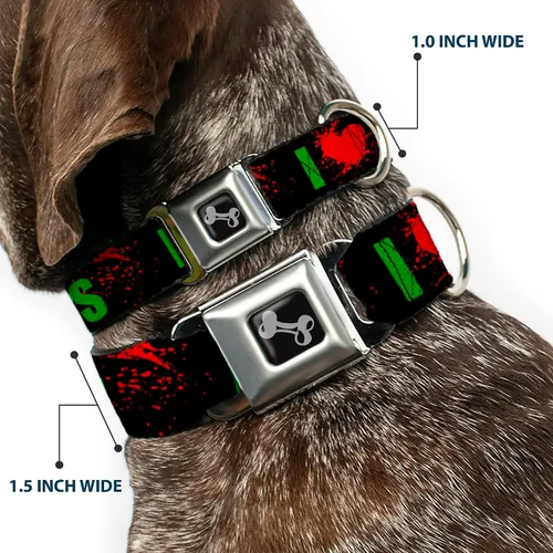 Vista 2 de I Heart Love Zombies con salpicadura de sangre Verde sobre Negro Cinturón de Seguridad Animal Pet Collar, Multicolor
