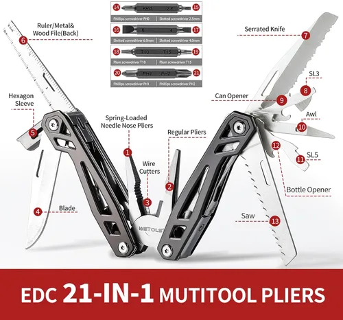 Vista 2 de Regalos de Navidad para hombres, papá, WETOLS 21-en-1 multiherramientas con cuchillo de bolsillo, alicates autoblocantes de acero inoxidable con 8