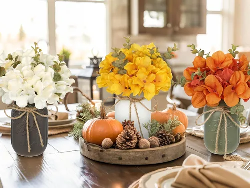 Vista 5 de Centro de mesa con tarro de albañil rústico floral de otoño para mesa, decoración de granja, flores de hortensia artificiales de otoño, decoración