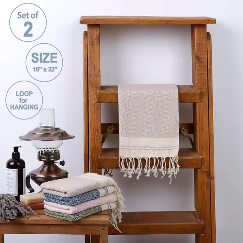 Vista 3 de Evelynen - Juego de 2 toallas de mano turcas para baño y cocina, toallas de mano bohemias con bucles para colgar, para cara, té, plato, cocina