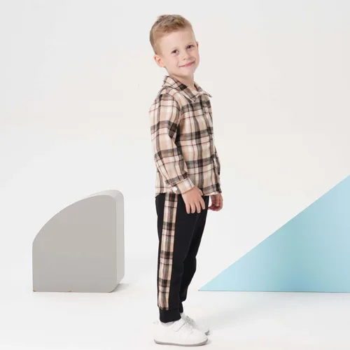Vista 3 de KIMI BEAR Toddler Baby Boy Clothes Long Sleeve Hoodie Outfits Plaid Flannel Shirt Top Sweatpants Fall Winter Clothing