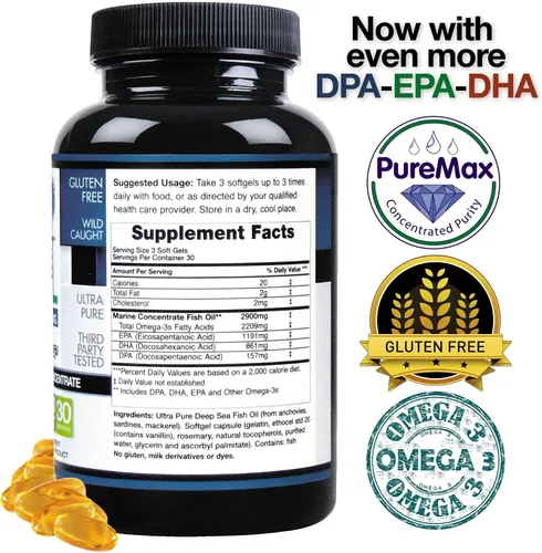 Vista 4 de (Paquete de 2) Aceite de pescado natural antártico salvaje omega 3 suplemento DPA-EPA-DHA 2,900 miligramos de triple fuerza ultra puro concentrado