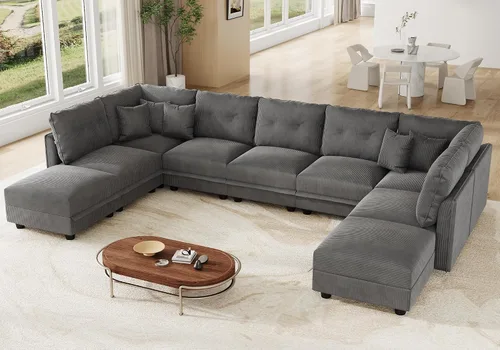 Vista 52 de LLappuil Sofá seccional modular con asientos de almacenamiento, sofá seccional convertible modular en forma de U de pana para sala de estar, sofá