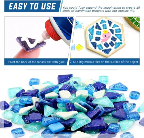 Vista 6 de Swpeet Azulejos de mosaico de vidrio de 2 libras, vitrales para manualidades, colores y patrones mezclados, mezcla de azul y azul marino