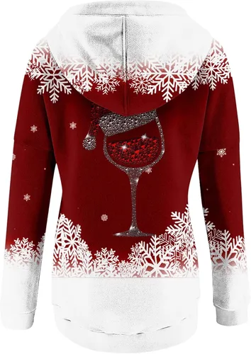 Vista 6 de Sudadera para mujer, con estampado de botones de Navidad, con capucha, cordón de Navidad, manga larga, bolsillo