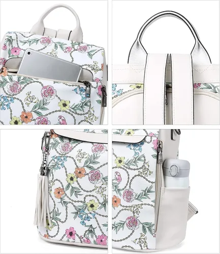 Vista 6 de Bromen - Mochila tipo bolso de mano de piel antirrobo para mujer a la moda, Beige floral, L