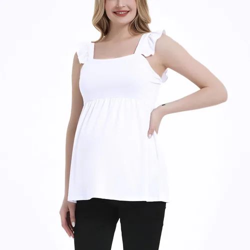 Vista 3 de DEBELLY Camiseta de maternidad para mujer, cuello cuadrado, tirantes con volantes, sin mangas, para embarazo, linda blusa tipo babydoll de verano