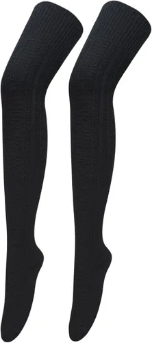 Vista 6 de Bestjybt Calcetines altos hasta el muslo para mujer de algodón con punto trenzado por encima de la rodilla, medias tipo bota, calentadores de Negro