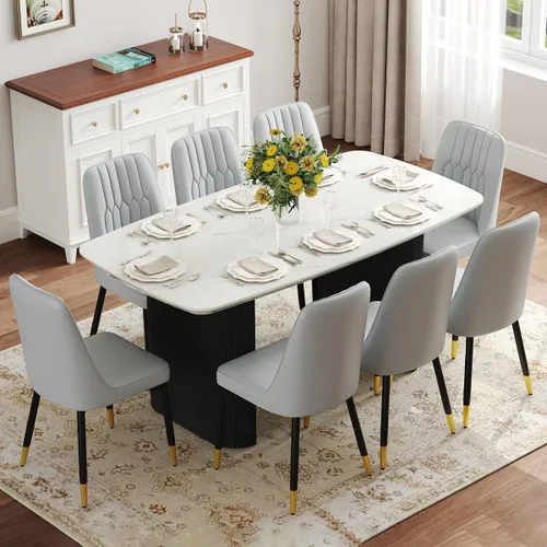 Vista 16 de Juego de mesa de comedor blanco Ebullient para 4, juego de mesa de comedor ovalada de mármol de 67' con 4 sillas de metal, parte superior de grano