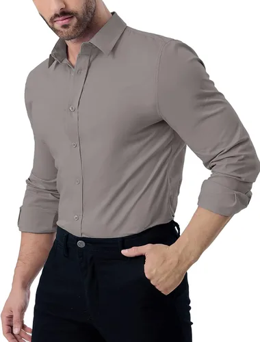 Vista 4 de ZAFUL Camisas de vestir elásticas sin arrugas para hombre, camisa de algodón casual con botones de manga larga
