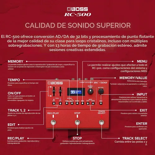 Vista 4 de BOSS RC-500 Loop Station Looper Avanzado de Dos Pistas con Mezcla Integrada y Opciones de Control Profundo Calidad de Sonido Líder en su Clase