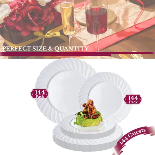 Vista 5 de Smarty Had A Party Elegante juego de vajilla desechable de plástico resistente, platos de plástico acampanados, juego combinado para bodas