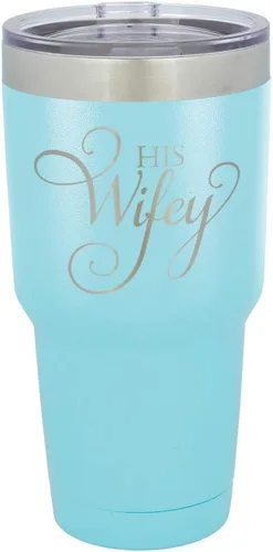 Vista 23 de Taza de viaje de acero con recubrimiento de polvo grabado con láser, con grabado «HIS WIFEY» de 325 ml, sin BPA, para mantener tu bebida fría