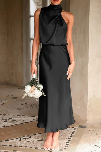 Vista 5 de PRETTYGARDEN Vestido de satén de verano 2024 para mujer, elegante, sin mangas, con cuello alto falso, para cóctel, fiesta, maxi vestidos