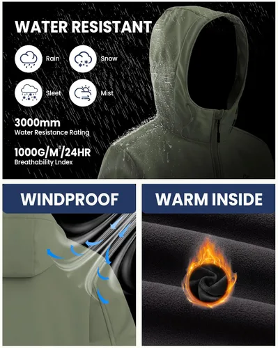 Vista 6 de WULFUL Chaqueta ligera Softshell para hombre, con forro polar, rompevientos, impermeable, suave, para senderismo al aire libre