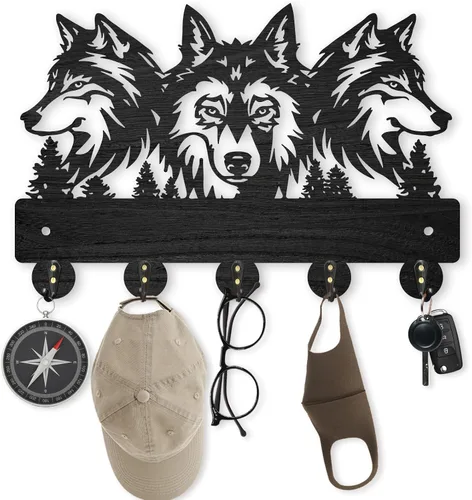 Vista 11 de MAYJOYDIY Perchero de pared de madera con 5 ganchos, diseño de ciervo de bosque negro, soporte para llaves y organizador para entrada, pasillo, sala