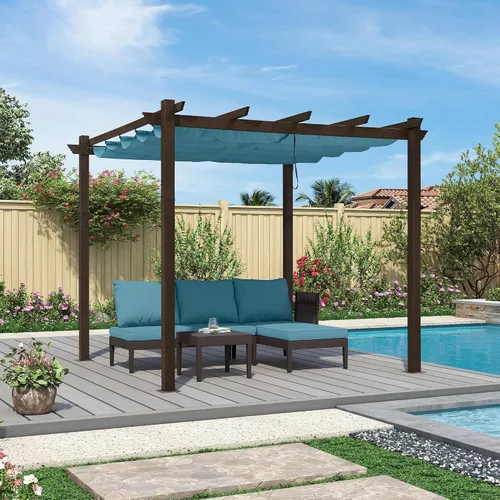 Vista 11 de PURPLE LEAF Pérgola de 10 x 12 pies con toldo retráctil, pérgola cuadrada de bronce de aluminio para patio al aire libre, junto a la piscina, beige