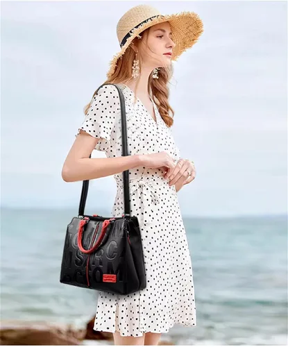 Vista 3 de Moda de cuero negro con bolsos rojos medianos para mujer bolso de hombro de lujo Tote Top Handle Satchel Monederos para damas