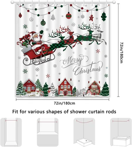 Vista 2 de APROPHIC Cortina de ducha de Feliz Navidad, cortina de ducha de búfalo rojo y verde, a cuadros, Papá Noel, trineo, reno, copo de nieve, para baño