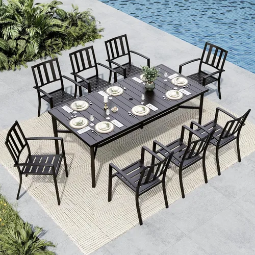 Vista 13 de MFSTUDIO Juego de comedor al aire libre para 8, juego de mesa y sillas de metal para patio, juego de muebles de patio de 9 piezas, juego de comedor