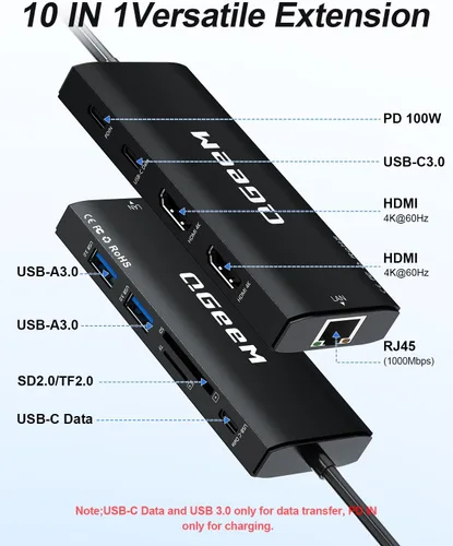 Vista 2 de Hub USB C, estación de acoplamiento para laptop 10 en 1, monitor dual individual 8K y 2x4K @60Hz, adaptador multipuerto tipo C con 2 HDMI, PD100W