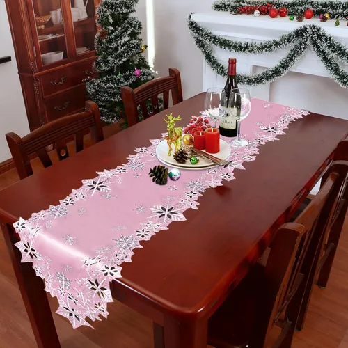 Vista 8 de Caminos de mesa bordados de copos de nieve rosados para Navidad e invierno (rosa, 14 x 34 pulgadas)