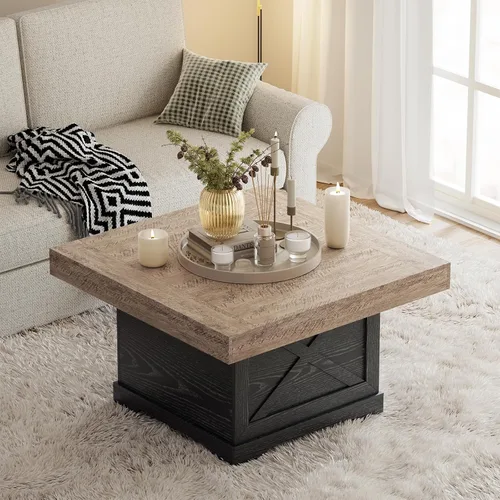 Vista 5 de Mesa de centro Lareth 31.5 pulg. Mesa rústica central con diseño en X de madera pedestal para sala de estar, mesa auxiliar cuadrada de roble oscuro