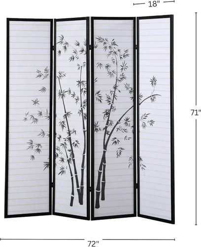 Vista 6 de Roundhill Bamboo Print Biombo/Divisor de Habitación Enmarcado de 4 Paneles, negro