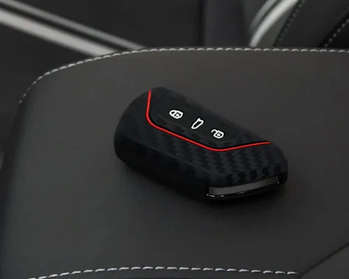 Vista 6 de iJDMTOY Funda para llavero de silicona suave con patrón de fibra de carbono negra con rayas rojas compatible con Volkswagen MK8 Golf/GTI ID 4, Skoda