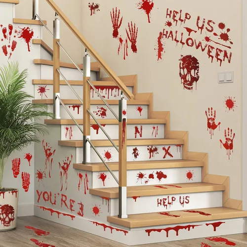 Vista 6 de 126 calcomanías de decoración de Halloween, 12 hojas de Halloween para ventana, pared, piso, huellas de manos sangrientas, calcomanías de huellas